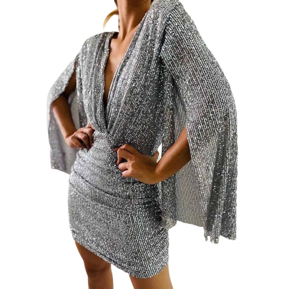 Sequin V Neck Fit and Flare Dress