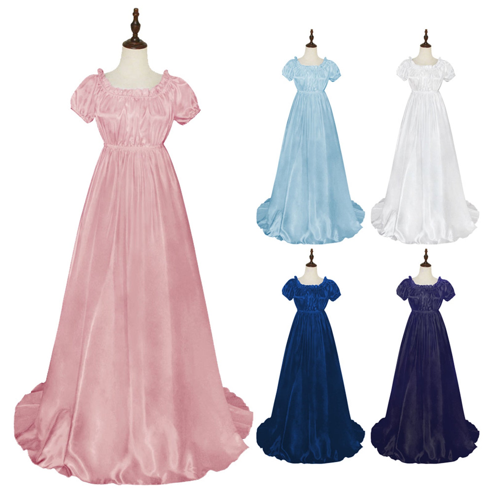 Women Satin Sash Ruffled Puff Sleeve Empire Waist Dress Tea Party Gown