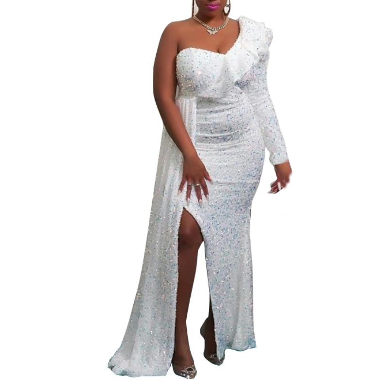 Women Sequin Party Gown One Shoulder Sparkly Glitter Cocktail Maxi Dre