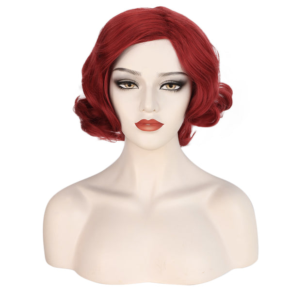 1920s Women 80s Synthetic Vintage Burgundy Red Wave Curly Short Wig