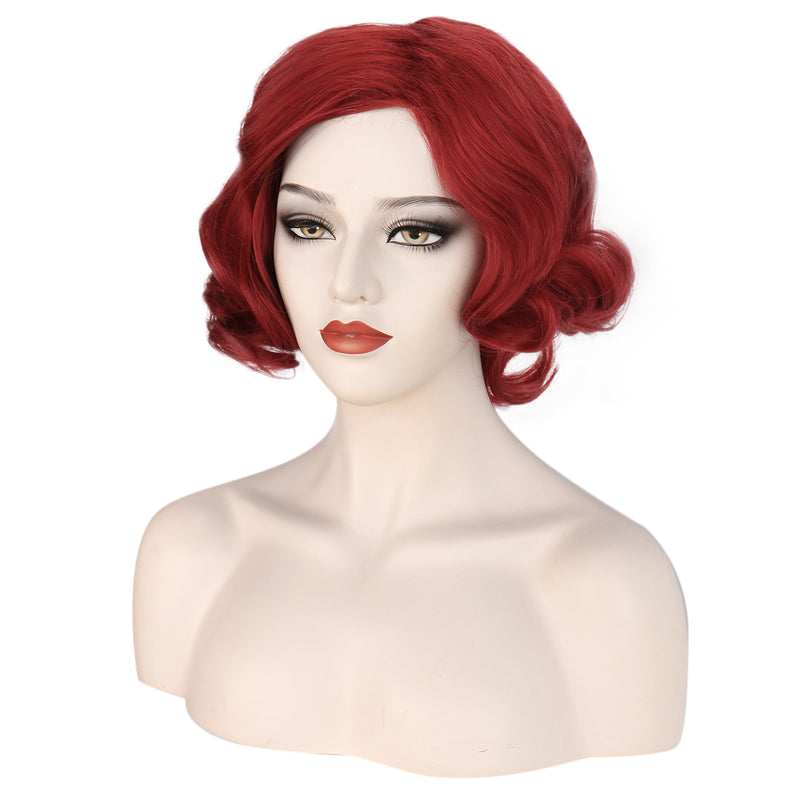 1920s Women 80s Synthetic Vintage Burgundy Red Wave Curly Short Wig