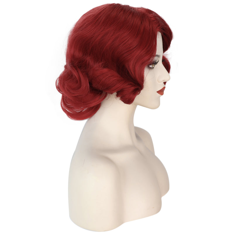 1920s Women 80s Synthetic Vintage Burgundy Red Wave Curly Short Wig