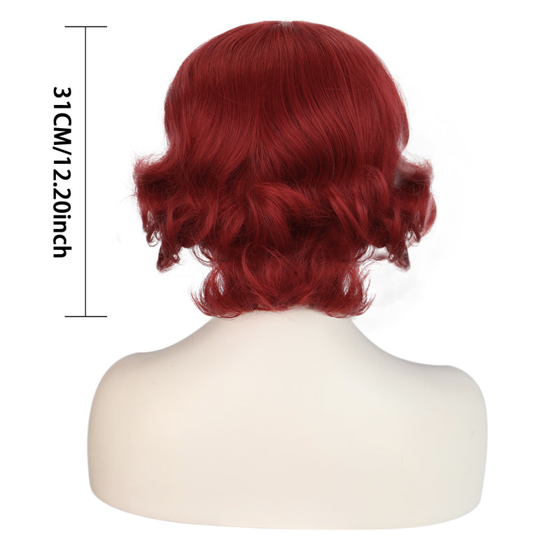 1920s Women 80s Synthetic Vintage Burgundy Red Wave Curly Short Wig