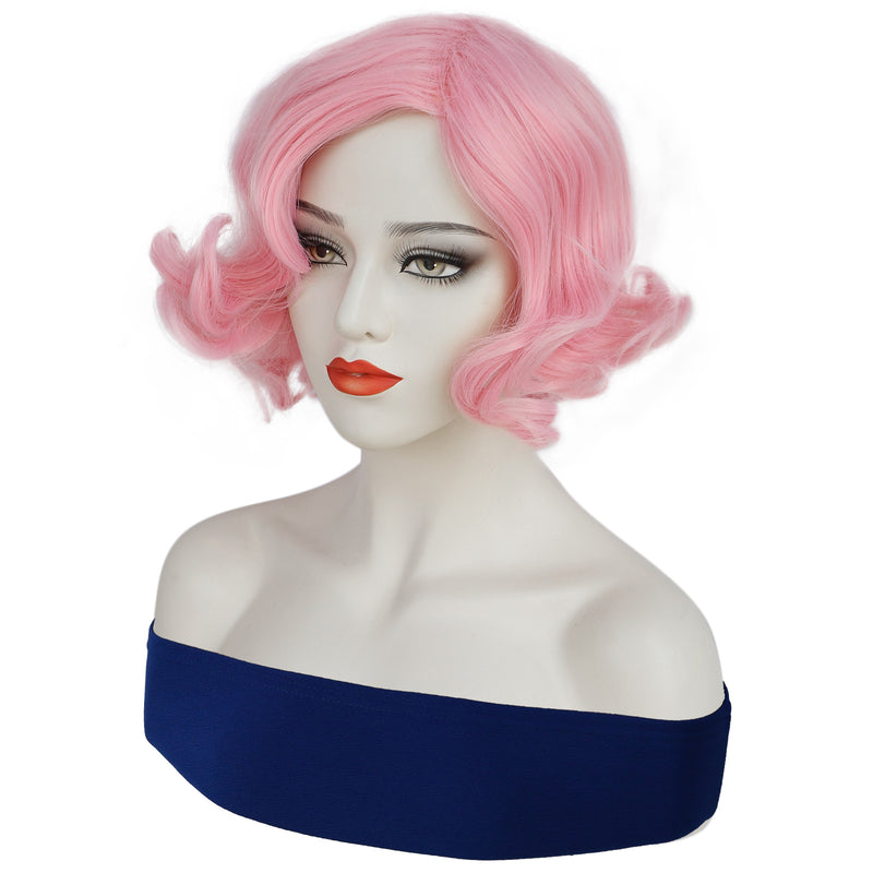 1920s Women 80s Synthetic Vintage Short Pink Wave Curly Wig