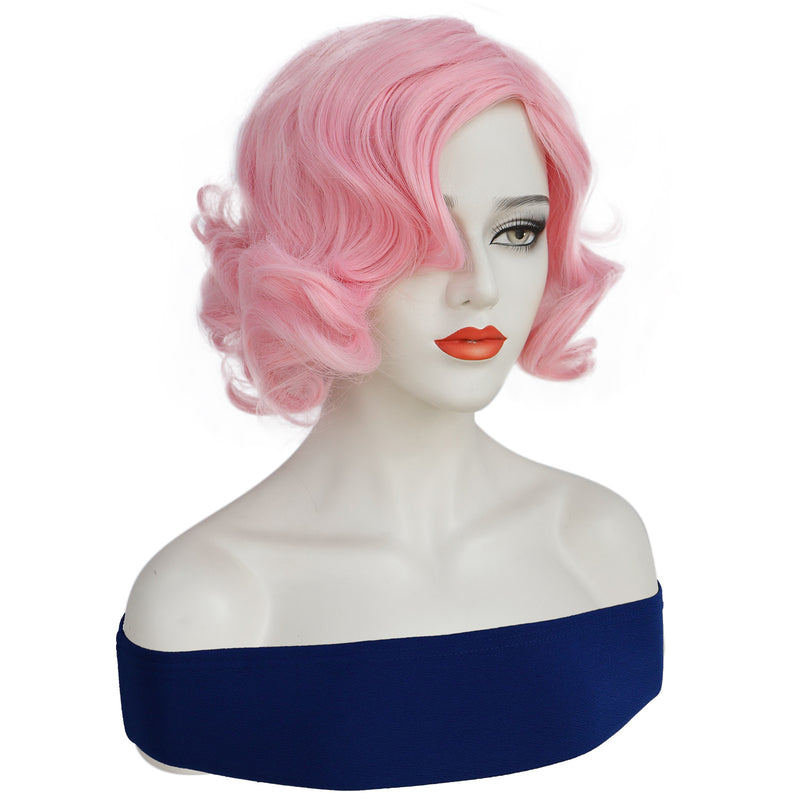 1920s Women 80s Synthetic Vintage Short Pink Wave Curly Wig