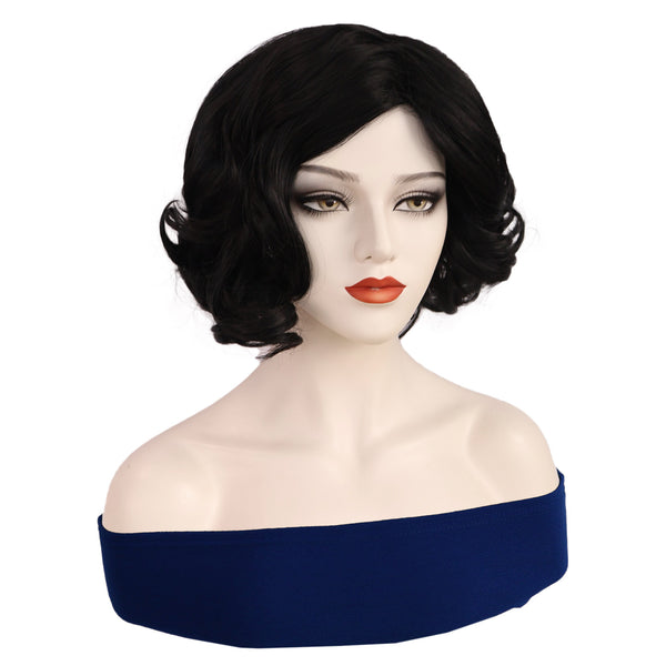 1920s Women 80s Synthetic Vintage Short Black Wave Curly Wig