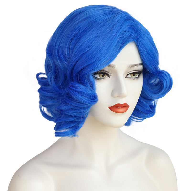 1920s Women 80s Synthetic Vintage Short Royal Blue Wave Curly Wig