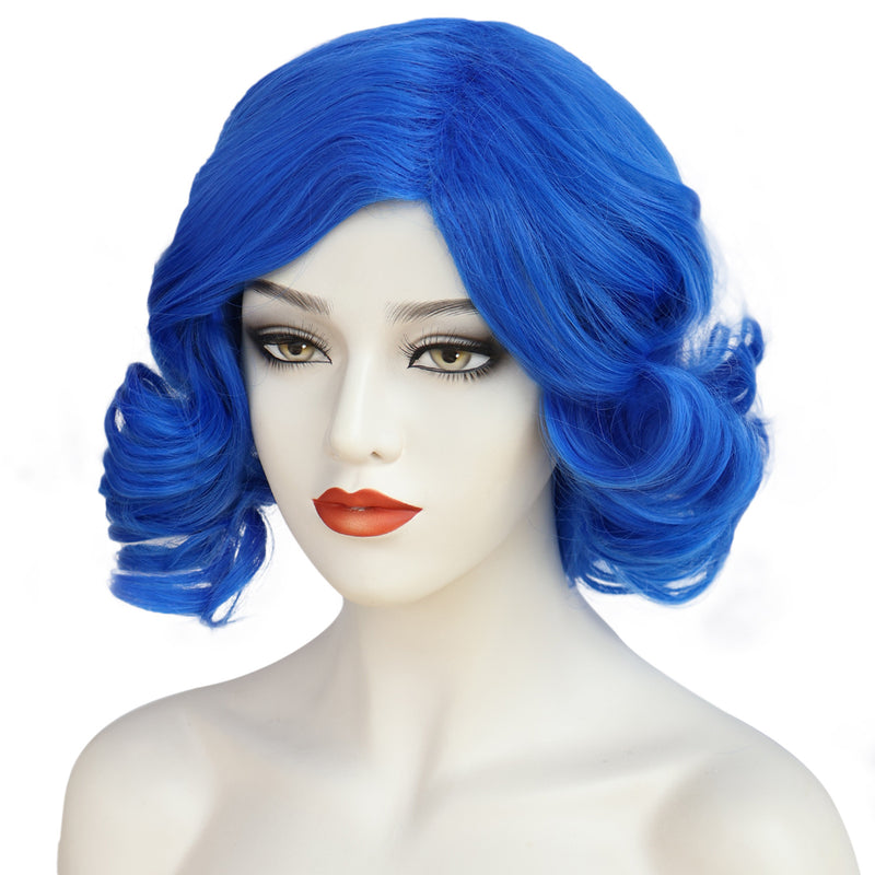 1920s Women 80s Synthetic Vintage Short Royal Blue Wave Curly Wig