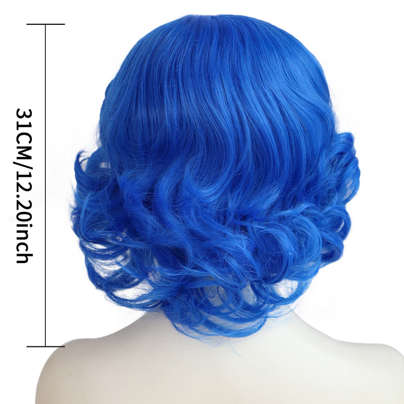 1920s Women 80s Synthetic Vintage Short Royal Blue Wave Curly Wig