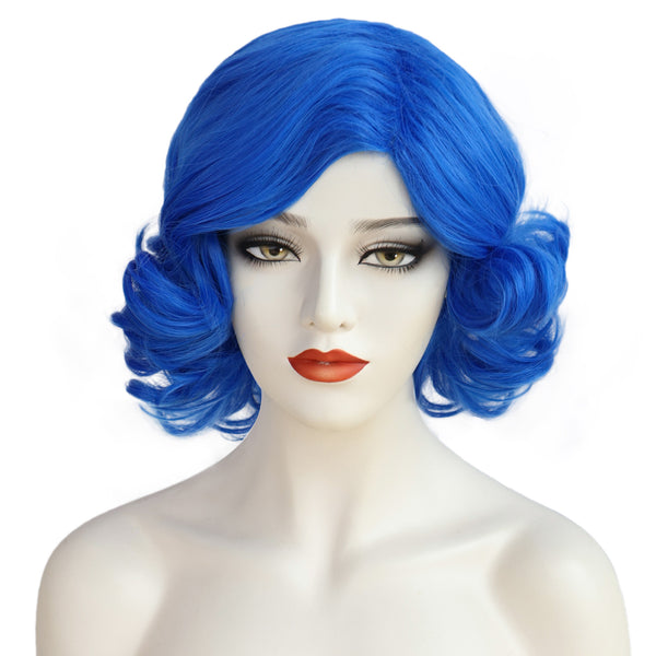 1920s Women 80s Synthetic Vintage Short Royal Blue Wave Curly Wig