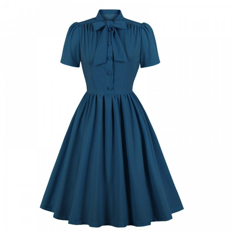 1950s Cocktail Party Rockabilly Retro Short Sleeve Tie Midi Dress
