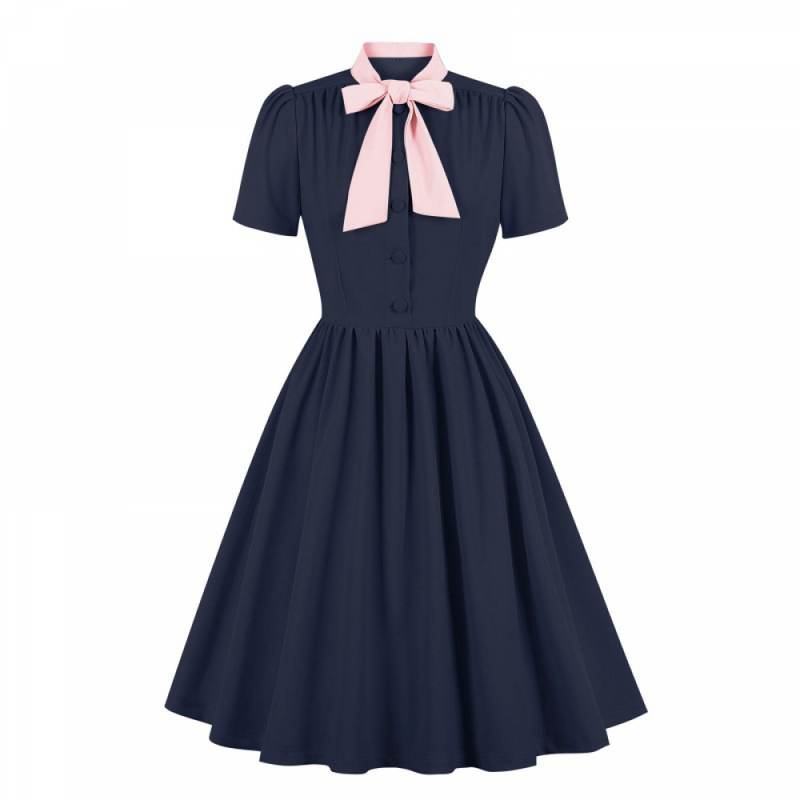1950s Cocktail Party Rockabilly Retro Short Sleeve Tie Midi Dress