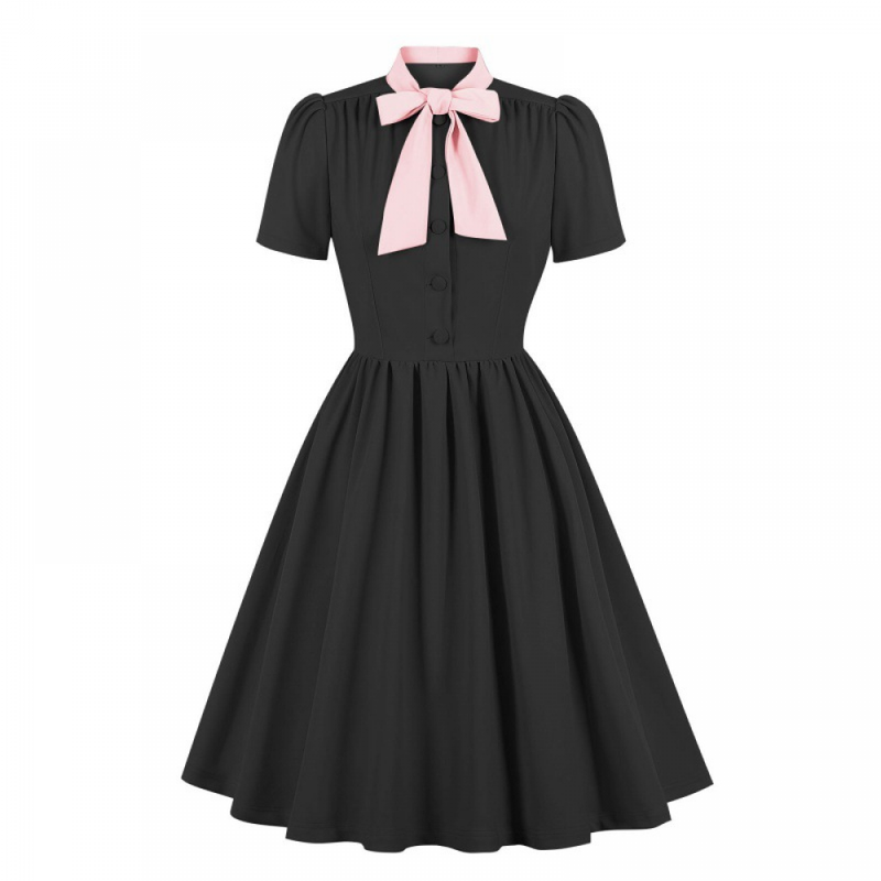 1950s Cocktail Party Rockabilly Retro Short Sleeve Tie Midi Dress