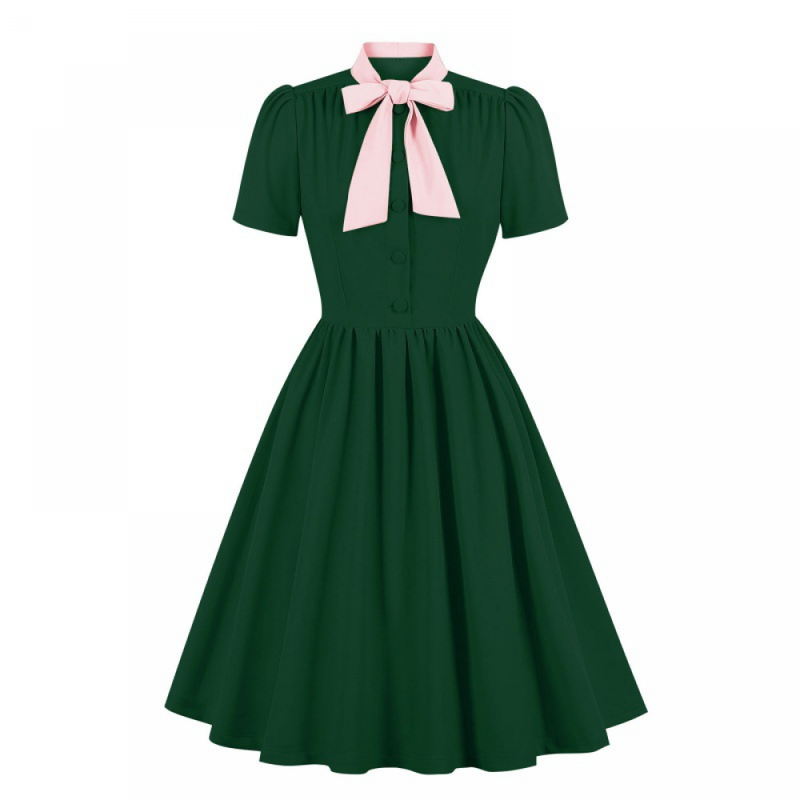 1950s Cocktail Party Rockabilly Retro Short Sleeve Tie Midi Dress