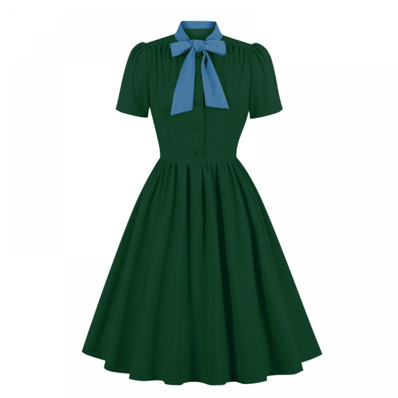 1950s Cocktail Party Rockabilly Retro Short Sleeve Tie Midi Dress