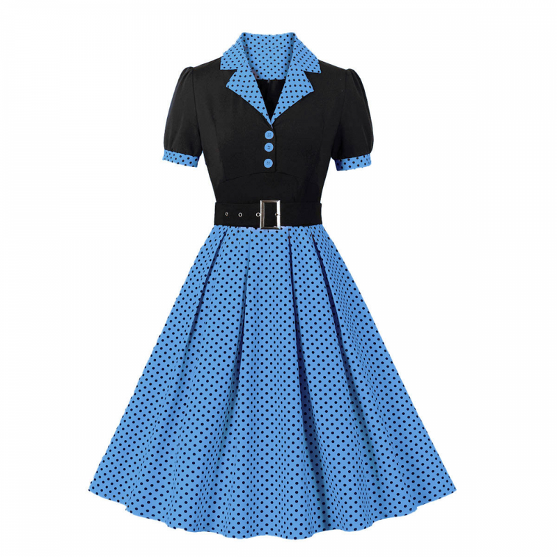 1950s Retro Notched Lapel Polka Dot Stripe Swing Dress With Belt