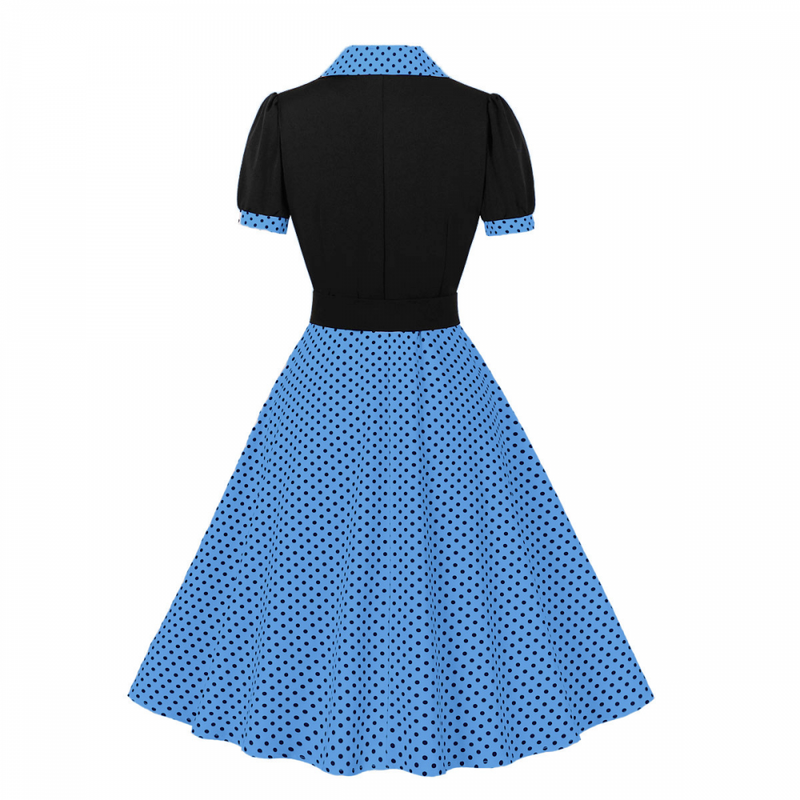 1950s Retro Notched Lapel Polka Dot Stripe Swing Dress With Belt
