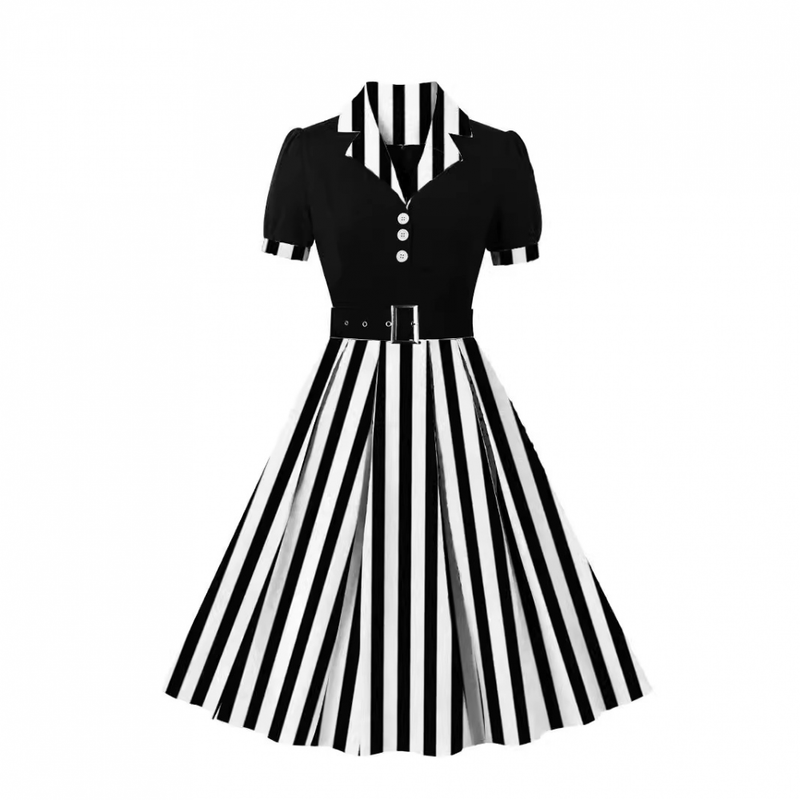 1950s Retro Notched Lapel Polka Dot Stripe Swing Dress With Belt