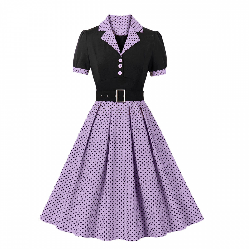 1950s Retro Notched Lapel Polka Dot Stripe Swing Dress With Belt