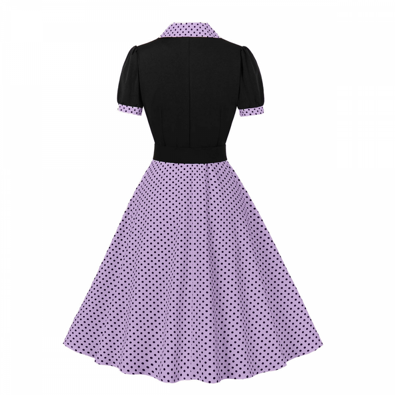 1950s Retro Notched Lapel Polka Dot Stripe Swing Dress With Belt