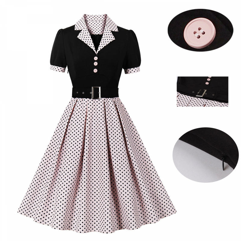 1950s Retro Notched Lapel Polka Dot Stripe Swing Dress With Belt