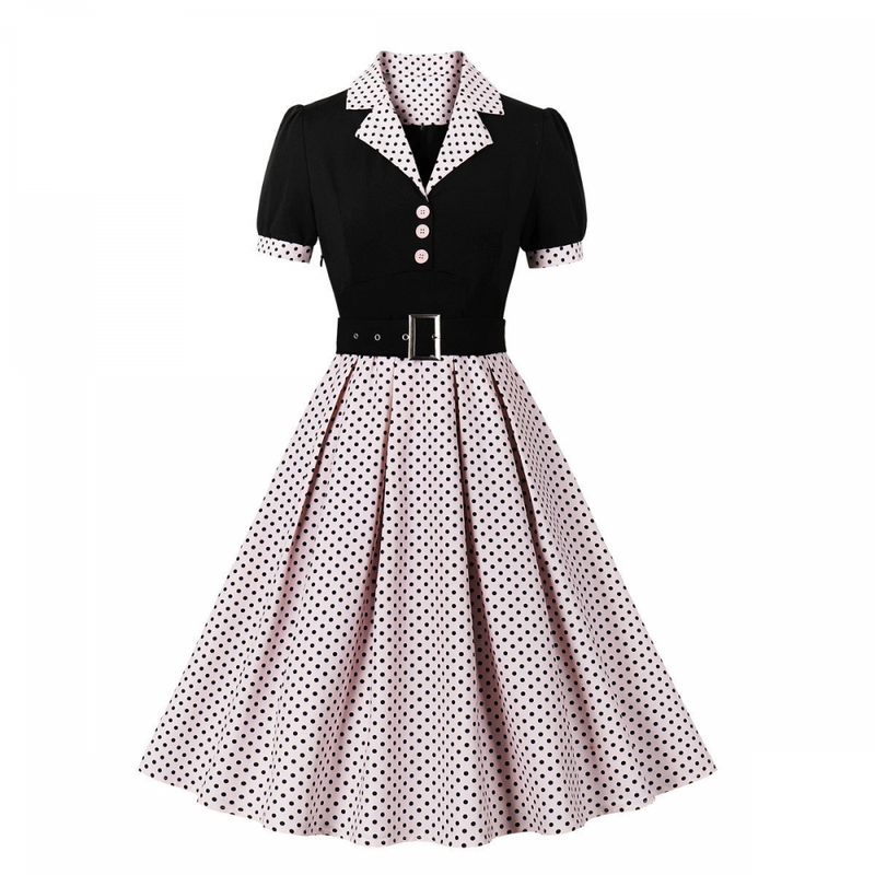 1950s Retro Notched Lapel Polka Dot Stripe Swing Dress With Belt