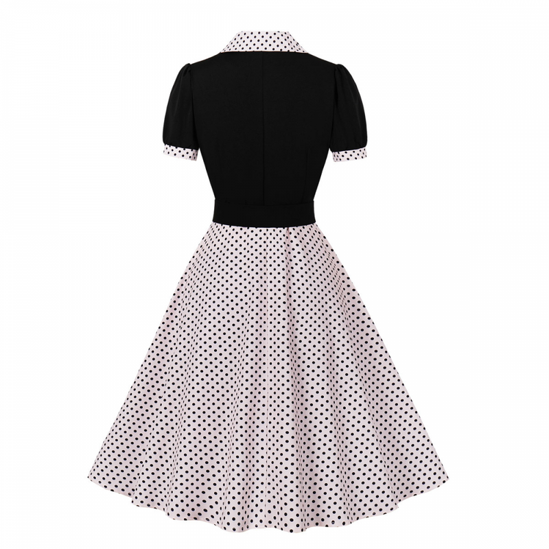 1950s Retro Notched Lapel Polka Dot Stripe Swing Dress With Belt