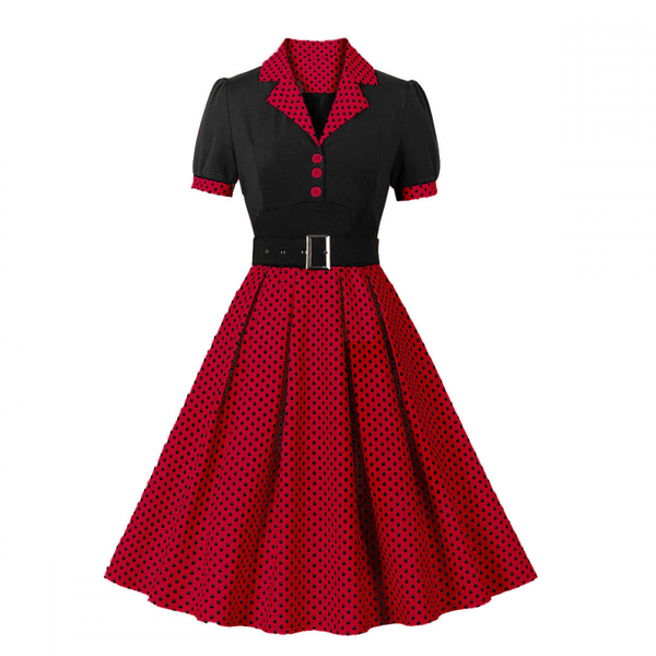 1950s Retro Notched Lapel Polka Dot Stripe Swing Dress With Belt