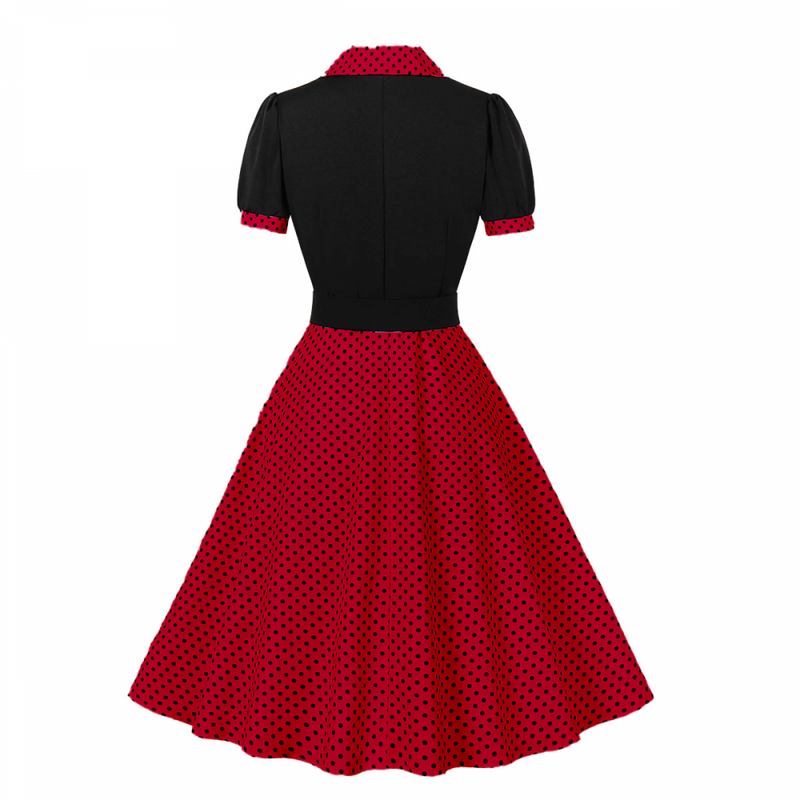 1950s Retro Notched Lapel Polka Dot Stripe Swing Dress With Belt