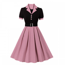 1950s Retro Notched Lapel Polka Dot Stripe Swing Dress With Belt - AwwwCos