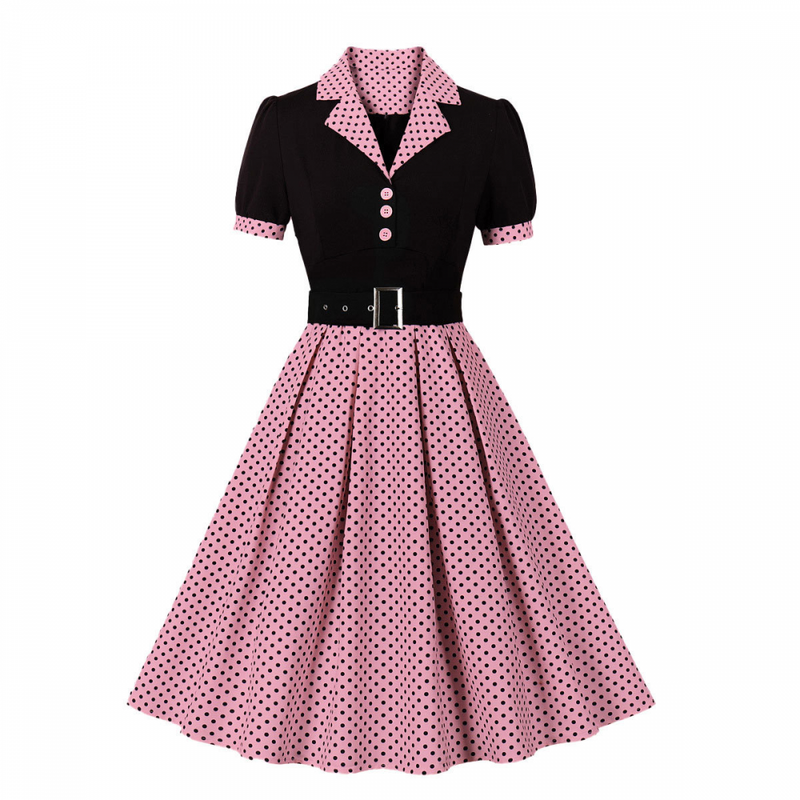 1950s Retro Notched Lapel Polka Dot Stripe Swing Dress With Belt