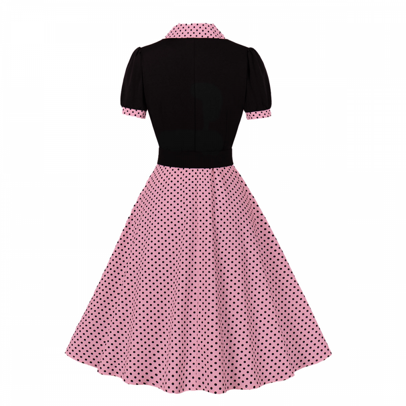 1950s Retro Notched Lapel Polka Dot Stripe Swing Dress With Belt