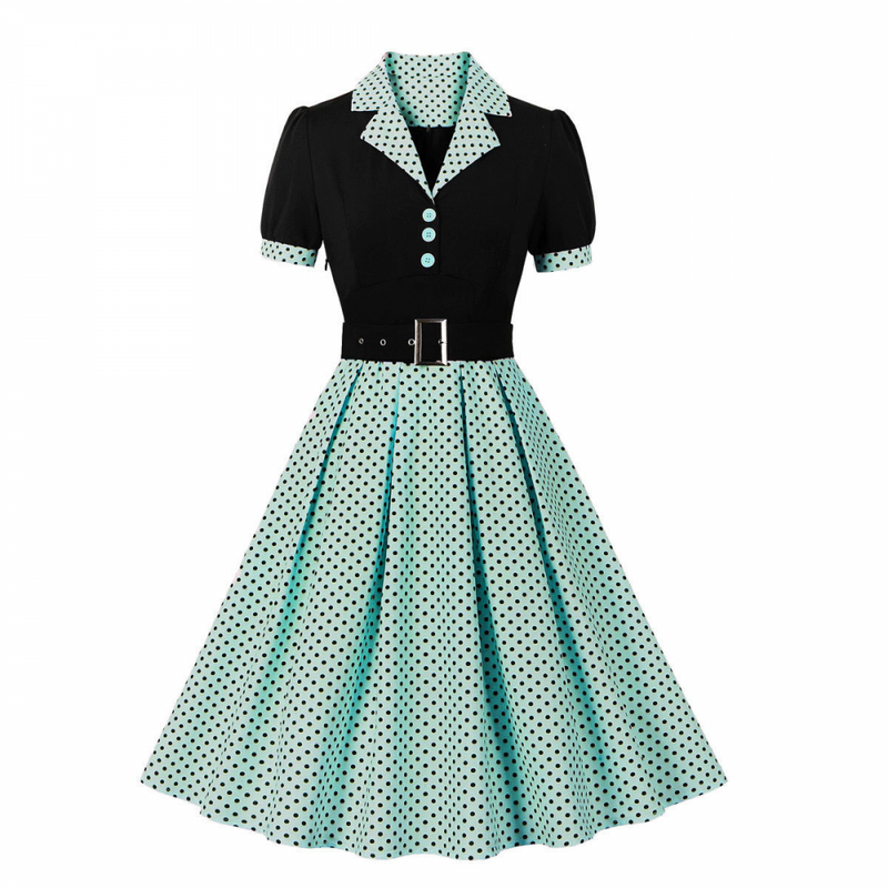 1950s Retro Notched Lapel Polka Dot Stripe Swing Dress With Belt