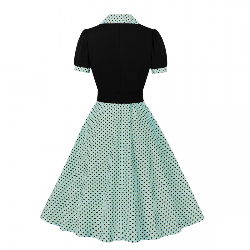 1950s Retro Notched Lapel Polka Dot Stripe Swing Dress With Belt