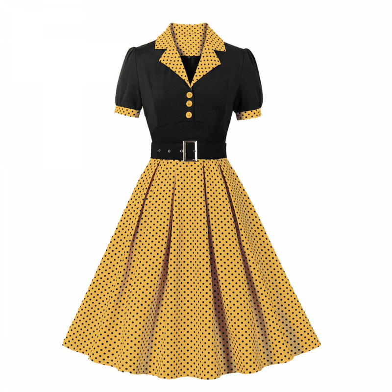 1950s Retro Notched Lapel Polka Dot Stripe Swing Dress With Belt