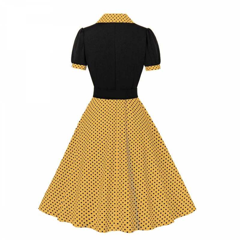 1950s Retro Notched Lapel Polka Dot Stripe Swing Dress With Belt