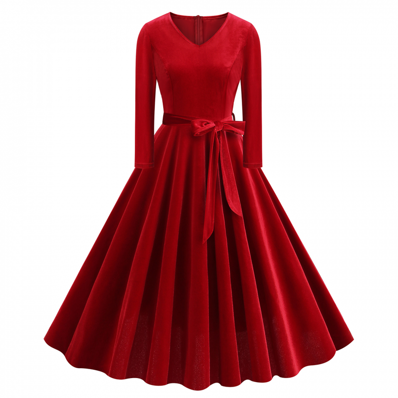 1950s Retro Vintage Velvet Long Sleeve V Neck Belted Swing Dress