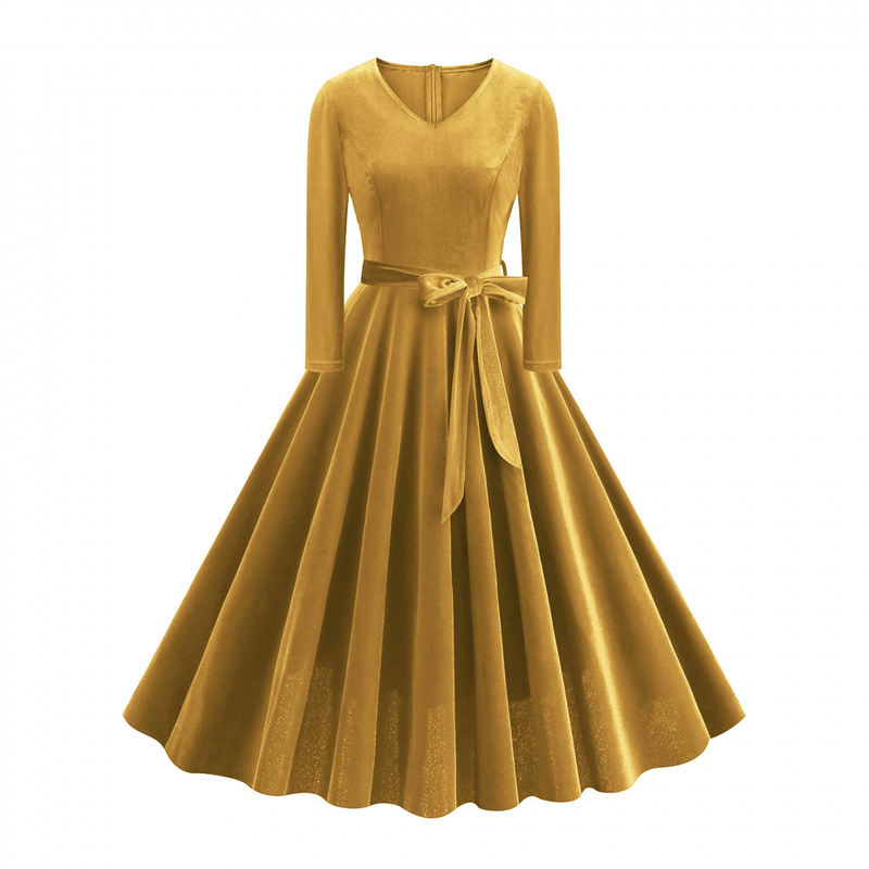 1950s Retro Vintage Velvet Long Sleeve V Neck Belted Swing Dress