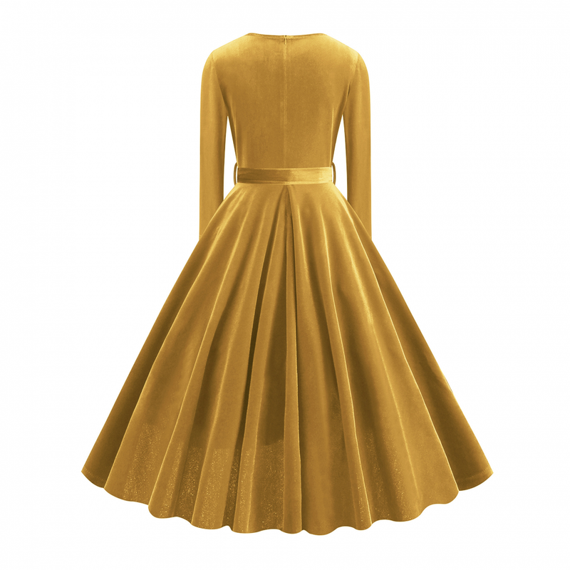 1950s Retro Vintage Velvet Long Sleeve V Neck Belted Swing Dress
