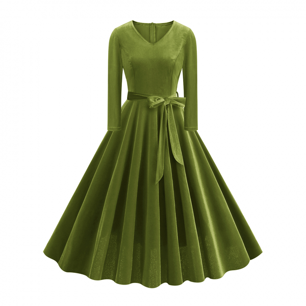 1950s Retro Vintage Velvet Long Sleeve V Neck Belted Swing Dress
