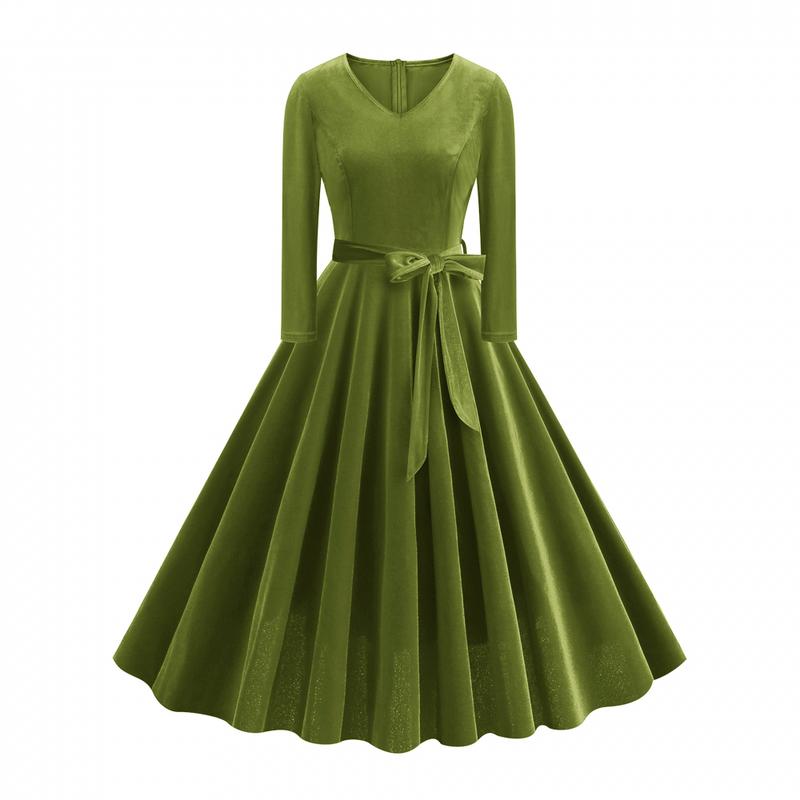 1950s Retro Vintage Velvet Long Sleeve V Neck Belted Swing Dress