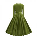 1950s Retro Vintage Velvet Long Sleeve V Neck Belted Swing Dress - AwwwCos