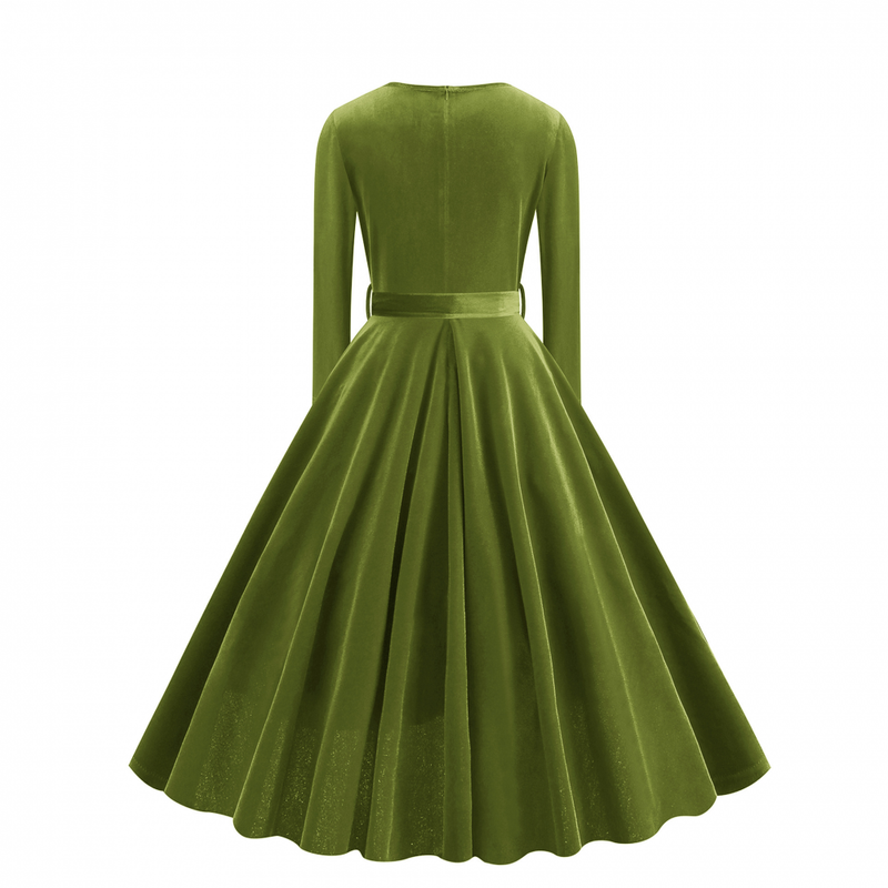 1950s Retro Vintage Velvet Long Sleeve V Neck Belted Swing Dress