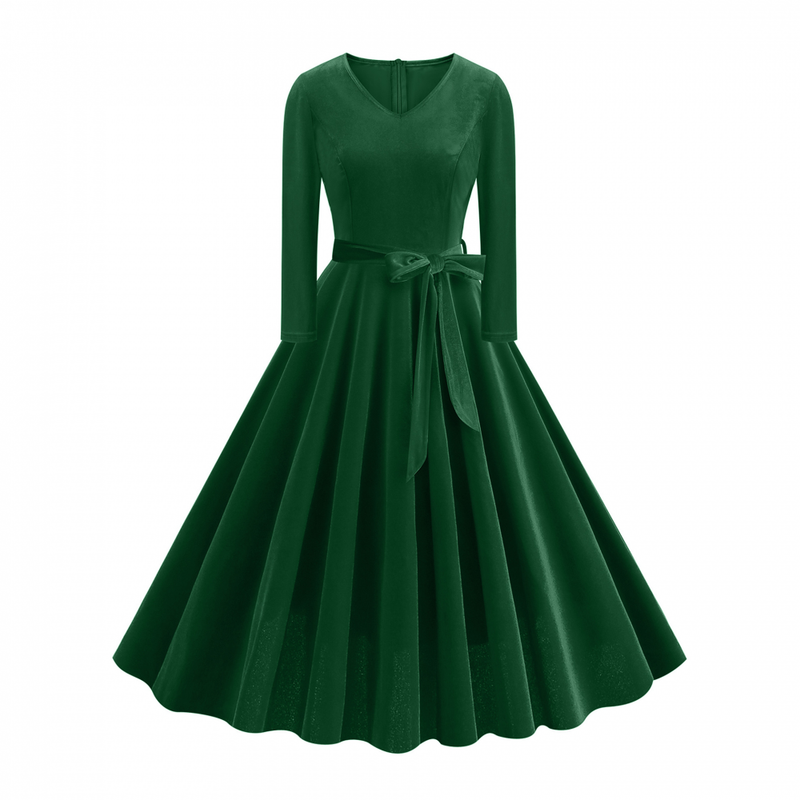 1950s Retro Vintage Velvet Long Sleeve V Neck Belted Swing Dress
