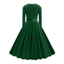 1950s Retro Vintage Velvet Long Sleeve V Neck Belted Swing Dress - AwwwCos
