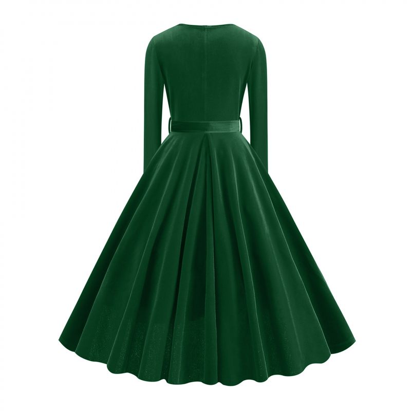 1950s Retro Vintage Velvet Long Sleeve V Neck Belted Swing Dress