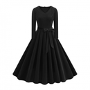 1950s Retro Vintage Velvet Long Sleeve V Neck Belted Swing Dress - AwwwCos