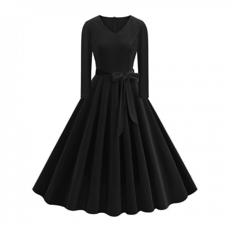 1950s Retro Vintage Velvet Long Sleeve V Neck Belted Swing Dress