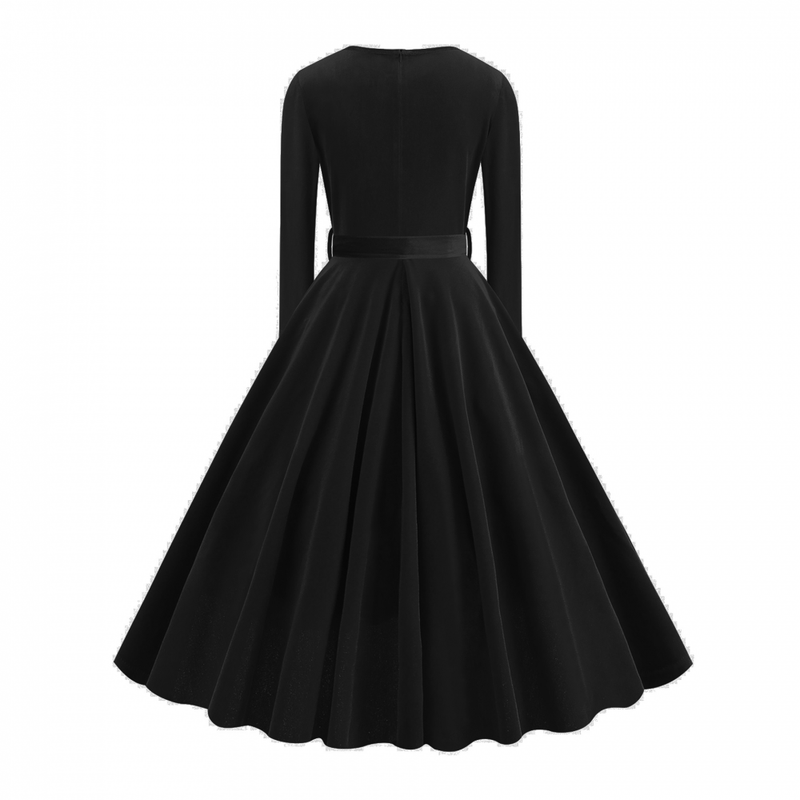 1950s Retro Vintage Velvet Long Sleeve V Neck Belted Swing Dress
