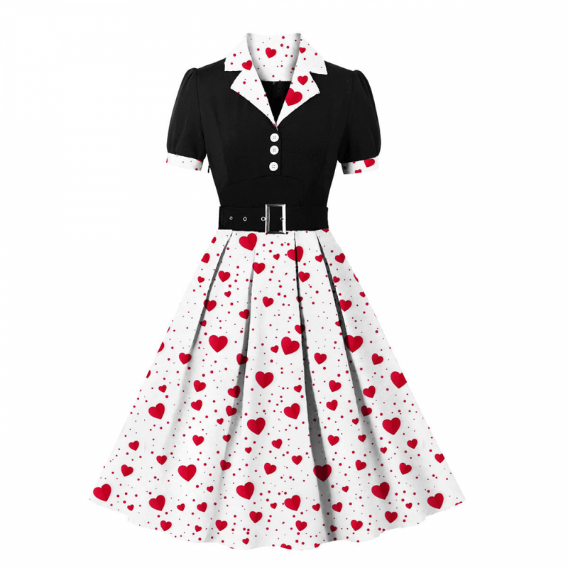 1950s Women Blazer Collar Hearts Print Festival Vintage Dress